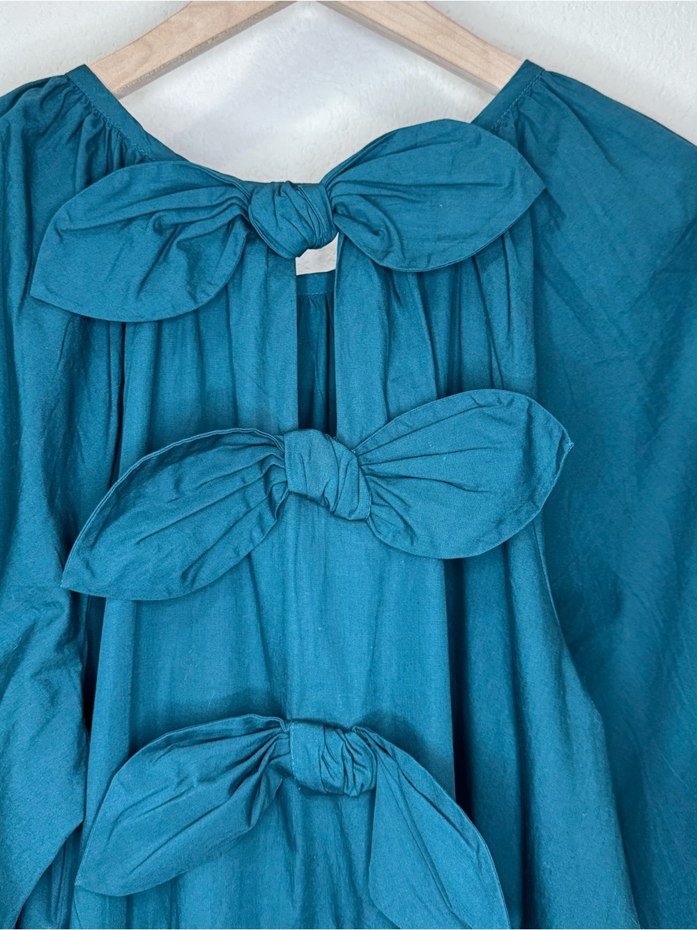 MUD PIE | Teal Tiered Puff-Sleeve Bow Back Dress Size Large - Picture 9 of 12